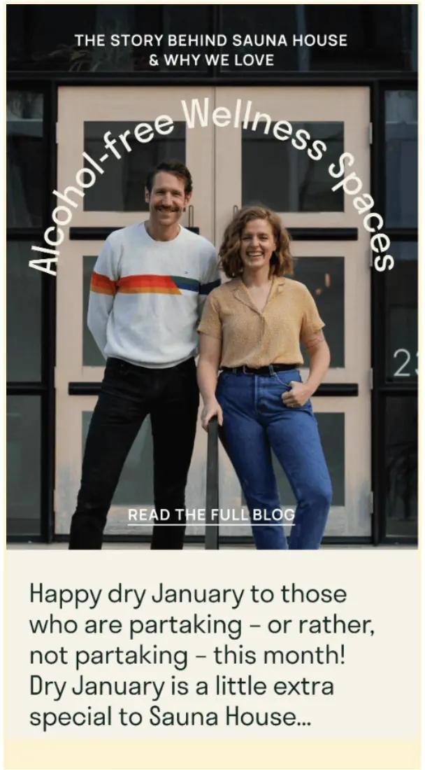 Two people smiling in front of a building with text about alcohol-free wellness spaces and Dry January at Sauna House.