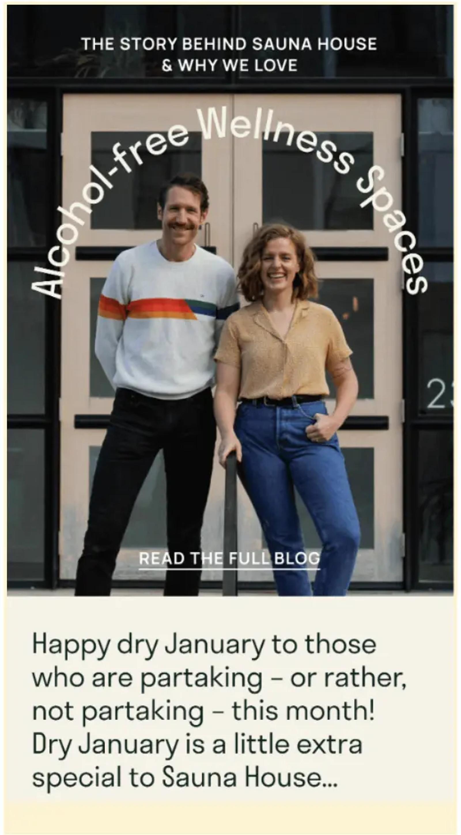Two people smiling in front of a building with text about alcohol-free wellness spaces and Dry January at Sauna House.