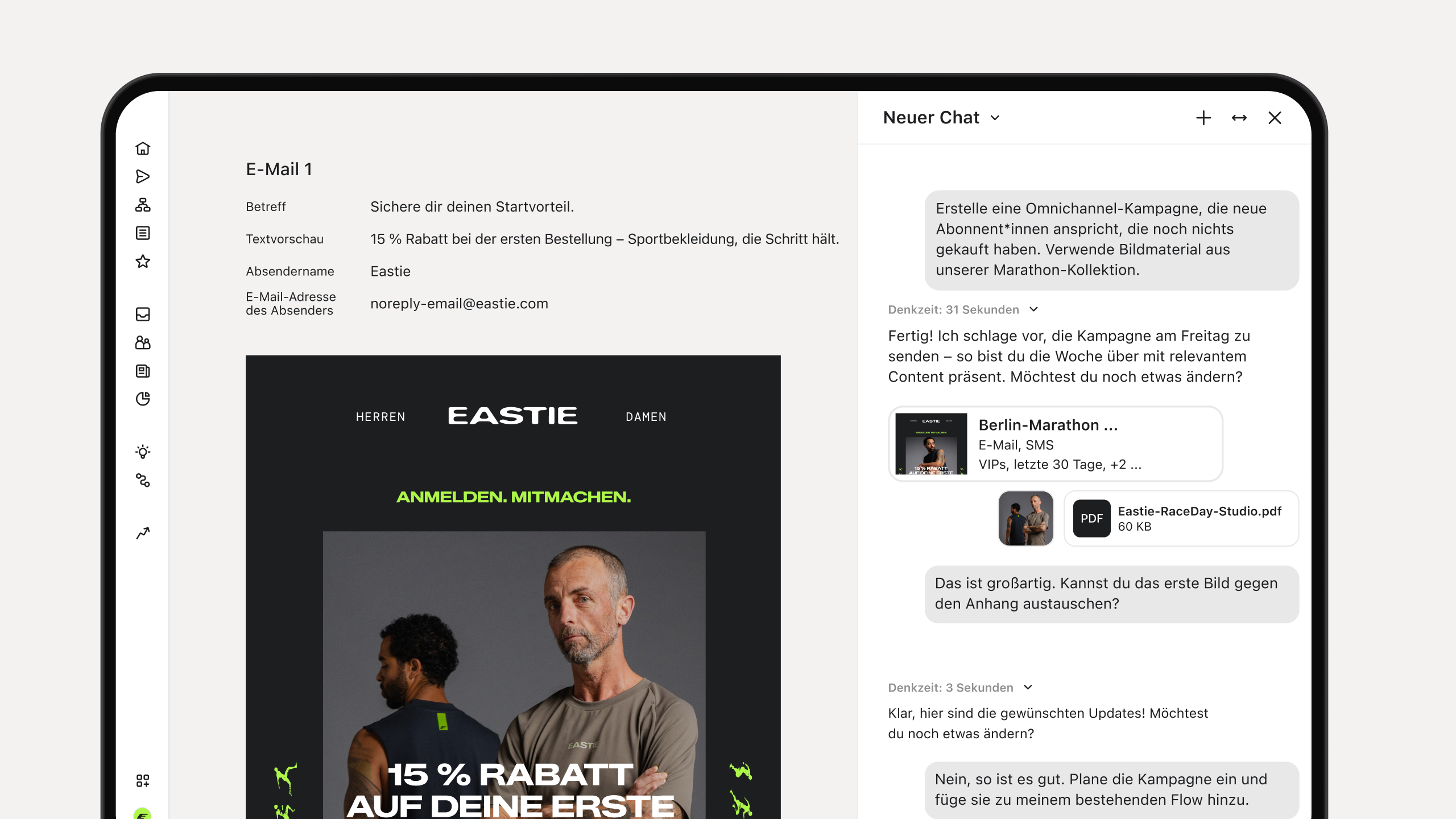 Marketing platform showing an athletic apparel email preview beside an AI chat planning a promotional campaign.