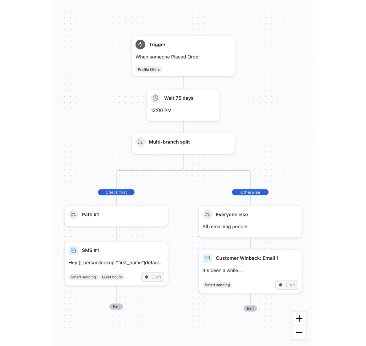 Automation flow waits 75 days after an order, then branches to send either an SMS or customer win-back email.