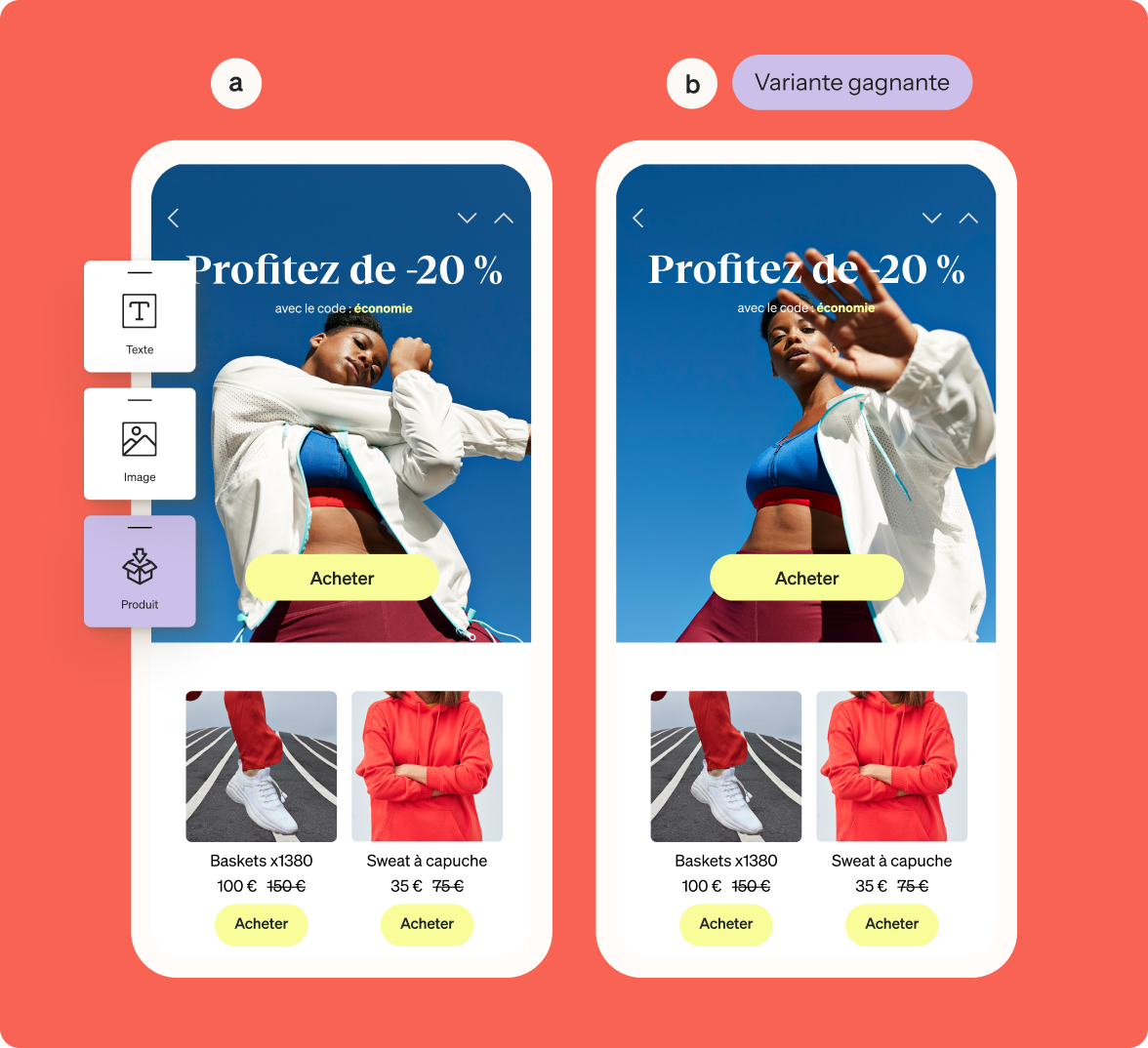 Comparaison de deux modèles d'email avec une offre « Profitez de -20 % » ; le modèle de droite marqué « Variante gagnante »
