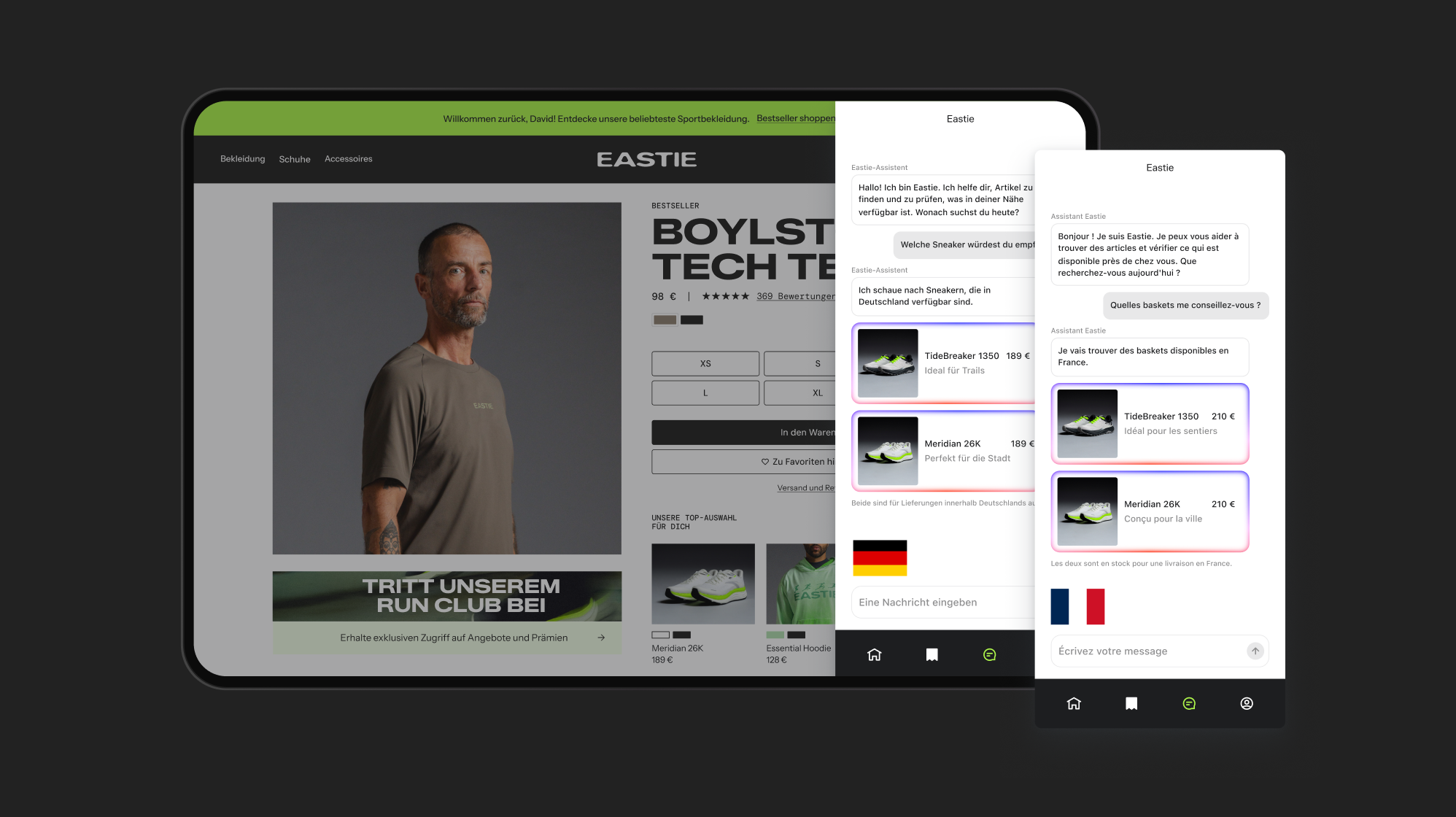 Eastie e-commerce website on a tablet alongside two mobile AI chat interfaces recommending sneakers in German and French.