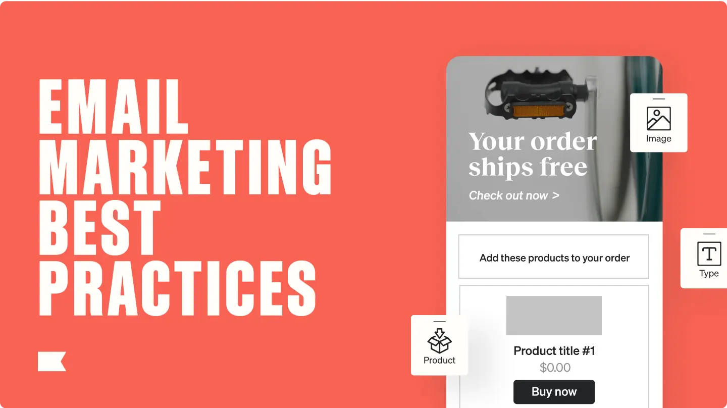 Email marketing best practices text with a sample email template showing free shipping offer and product details.