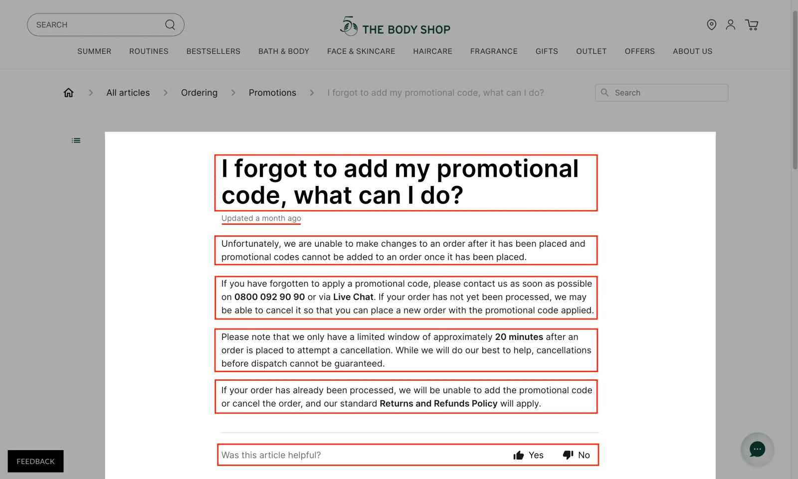 Image shows a help article on The Body Shop, with red boxes drawn round the heading, each paragraph, and the feedback row. The breadcrumb reads All articles > Ordering > Promotions. The heading is “I forgot to add my promotional code, what can I do?”, followed by “Updated a month ago” and 4 paragraphs covering the answer and its conditions. At the foot, “Was this article helpful?” with Yes and No buttons.