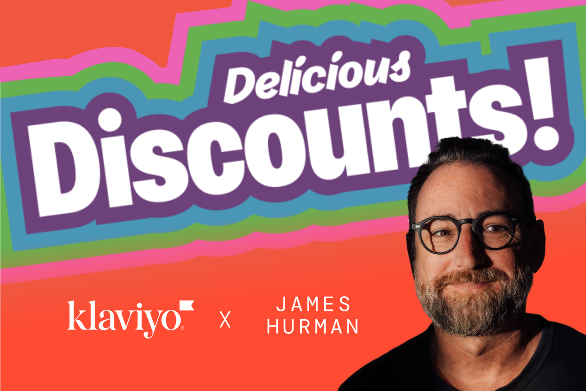 Colorful graphic for 'Delicious Discounts!' featuring James Hurman and Klaviyo.