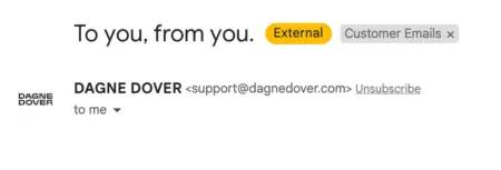 Image shows a screenshot of the top of an email from bag brand Dagne Dover. The subject line reads, “To you, from you.” A yellow icon indicates the email is external, and there is a label that categorizes the email as part of “customer emails.”