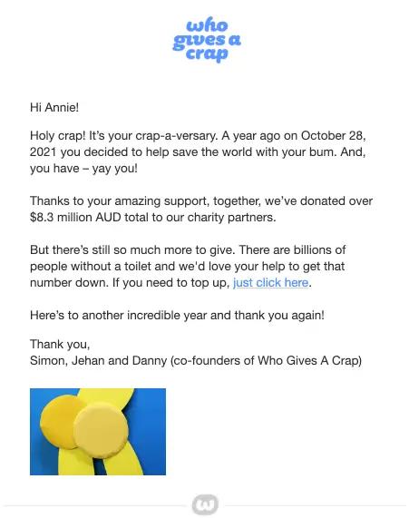 Image shows an anniversary email from Who Gives A Crap