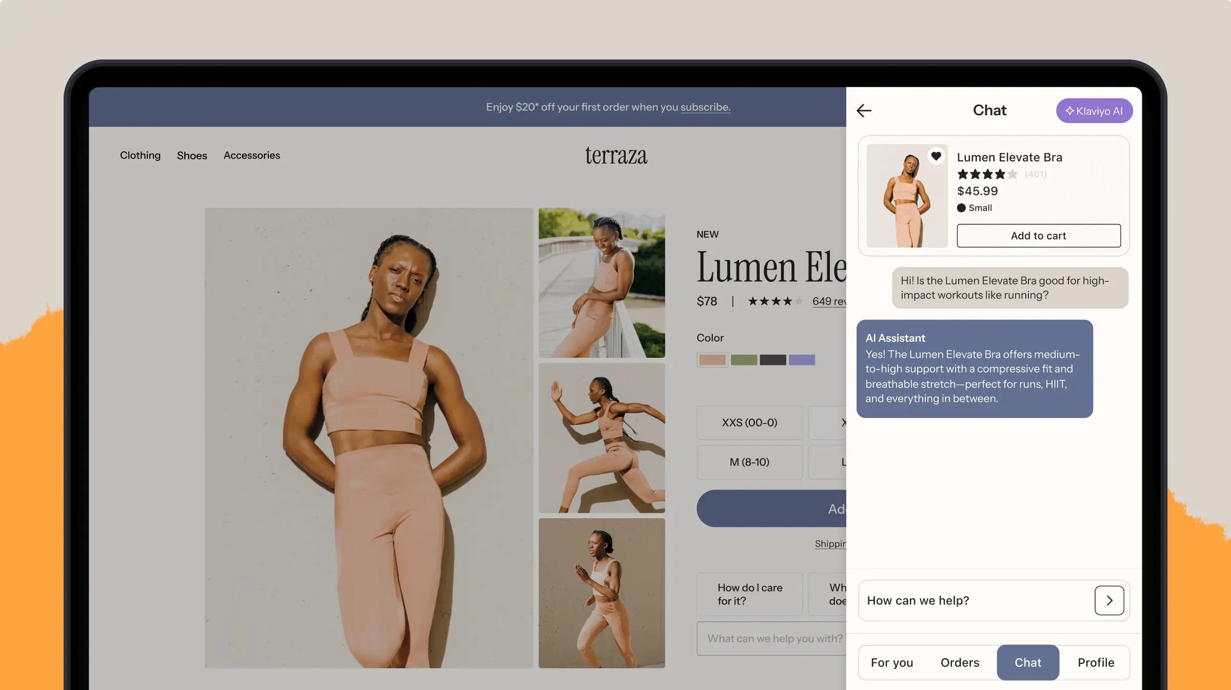 Online shopping page for "Lumen Elevate Bra" with chat feature. Shows product images, price, and AI assistant response about suitability for running.