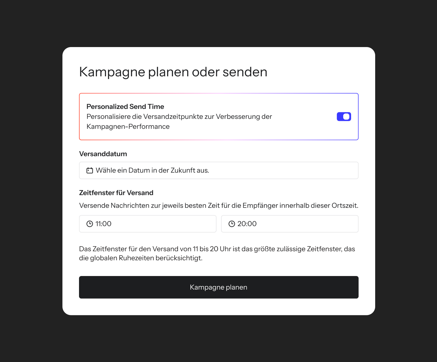The "Schedule or send campaign" panel with Personalized Send Time toggled on, a sending window set from 11:00 AM to 8:00 PM, and a "Schedule campaign" button.