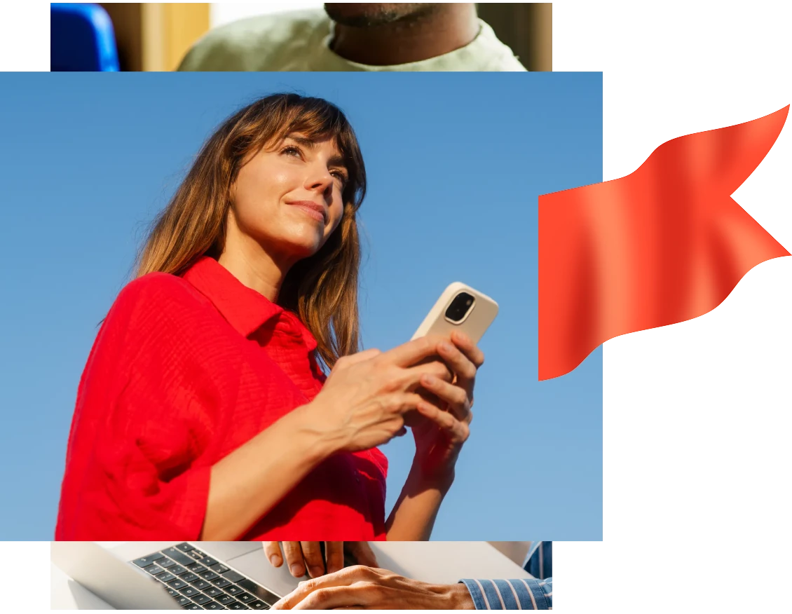 Smiling woman in a purple cardigan holds a smartphone against a blue sky, beside an abstract red ribbon.