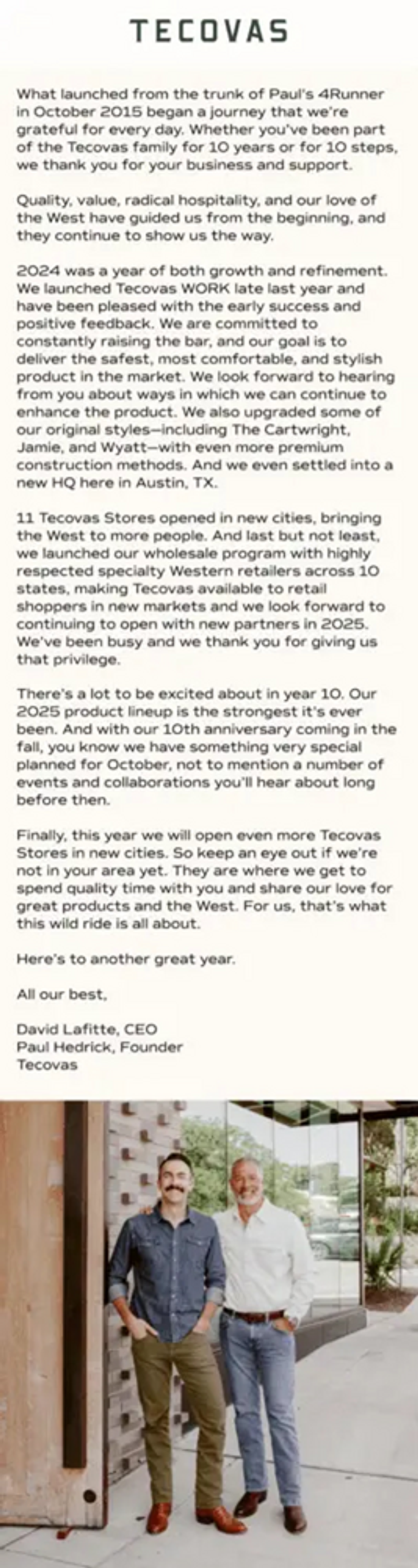 Image shows a text-based email in letter format, before an image of a company founder and a CEO. One founder is a white-bearded person wearing a white dress shirt and jeans, while the other is a black-mustachioed person wearing a jean shirt and olive green pants.