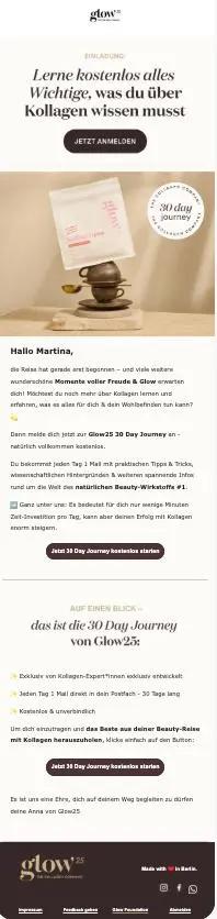 Ein Newsletter von Glow25 mit Einladung zur "30 Day Journey". Enthält Anmeldebutton und Informationen über die Inhalte des Programms.