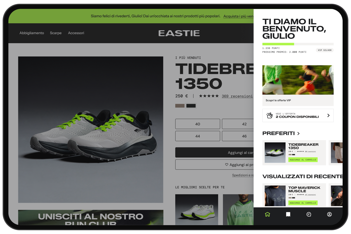 Una pagina prodotto per scarpe da running con un pannello dedicato ai premi del cliente che mostra punti, coupon, articoli preferiti e visualizzati di recente.