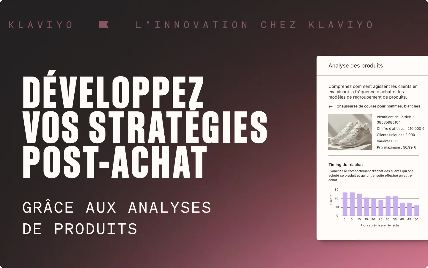 Interface de l’analyse des produits avec un arrière-plan dégradé et une superposition du texte Développez vos stratégies post-achat avec l’analyse des produits