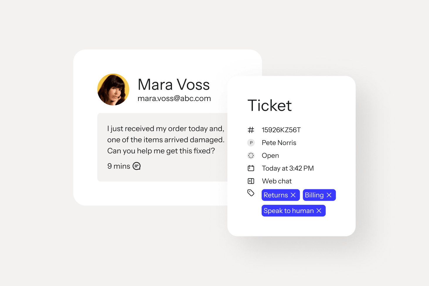 Customer support chat from Mara Voss about a damaged item, paired with an open ticket tagged Returns and Billing.