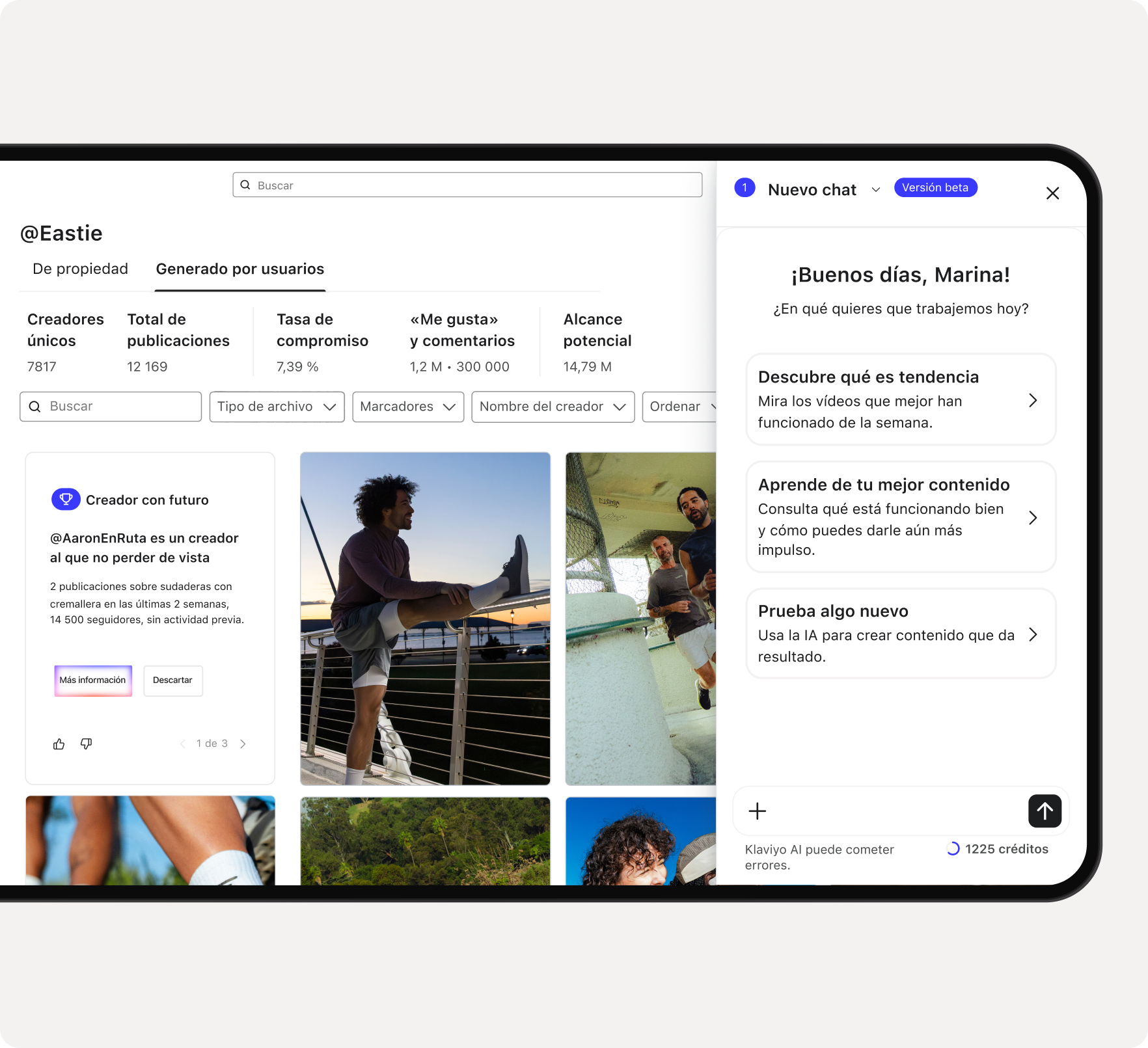 A digital interface showing a content creator platform with analytics and an AI assistant providing content suggestions.