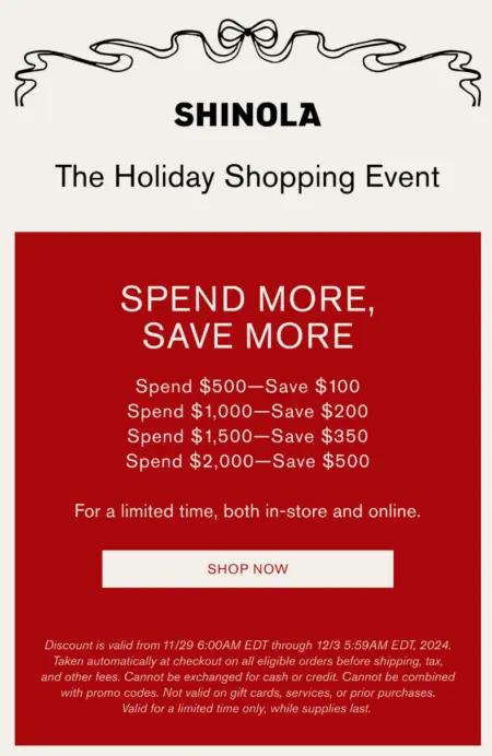 Image shows a simple text-based email with a beige and red background. The headline reads, “Shinola The Holiday Shopping Event,” with spending tiers underneath in the amounts of $500, $1,000, $1,500, and $2,000. Underneath is a CTA button that reads, “Shop now.”