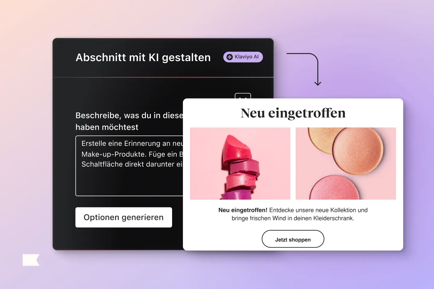 KI-gestalteter Abschnitt mit Text über neue Make-up-Produkte und Bild von Lippenstift und Pudern. Schaltfläche "Jetzt shoppen".