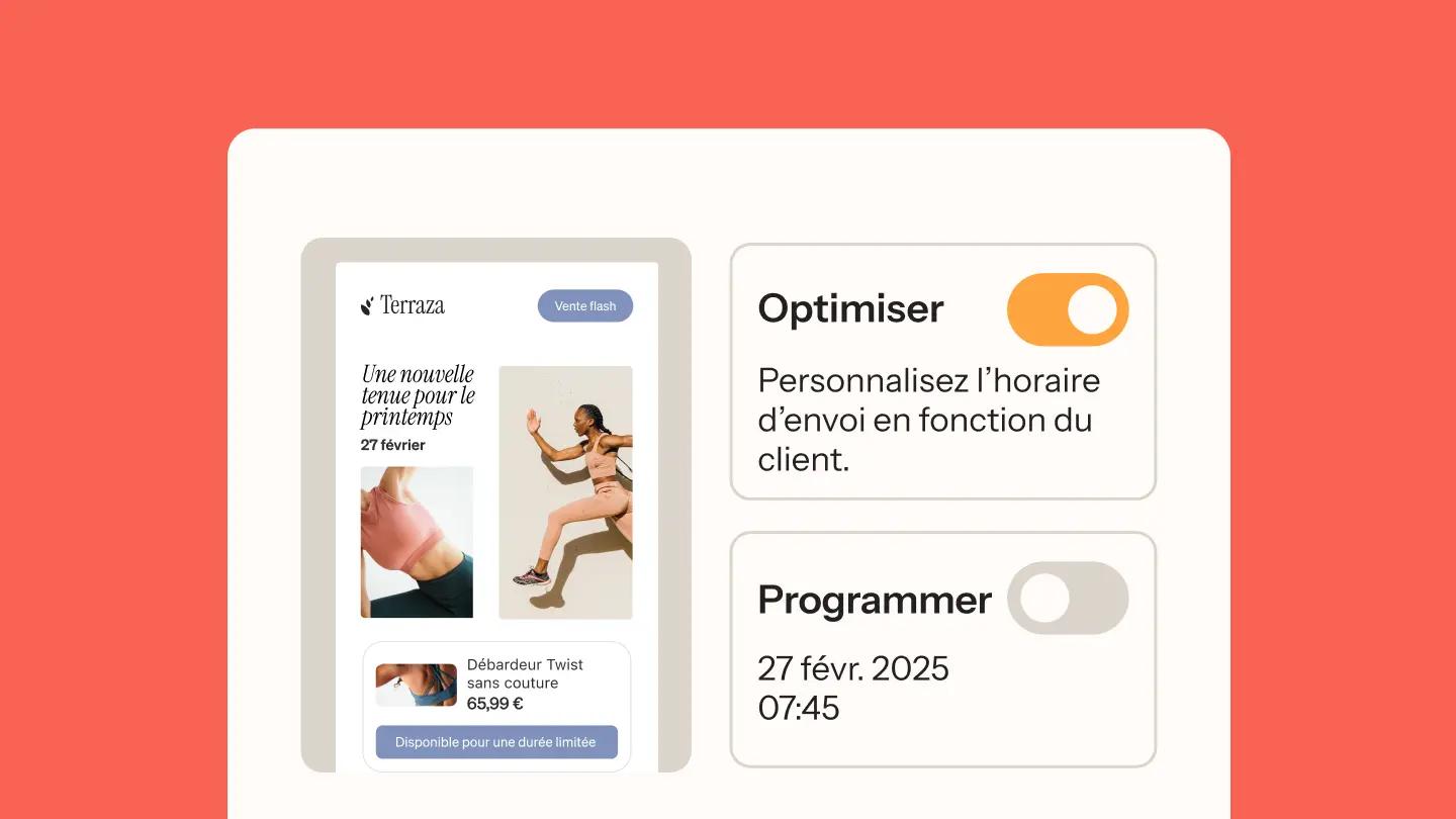 Interface de personnalisation des horaires d'envoi avec options "Optimiser" et "Programmer", et une publicité de vêtements.