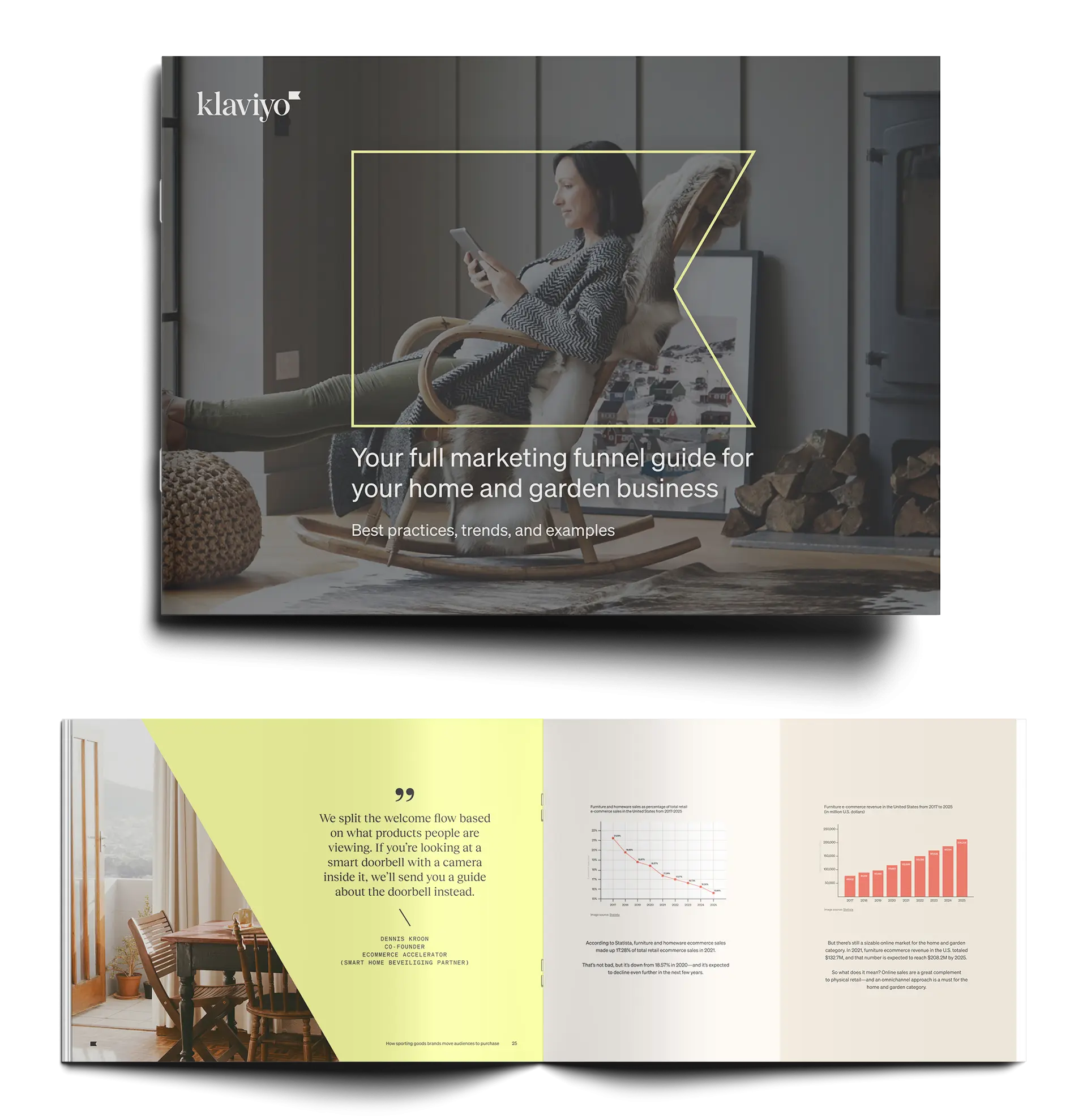 Klaviyo logo outline highlighting a woman in a rocking chair using her tablet