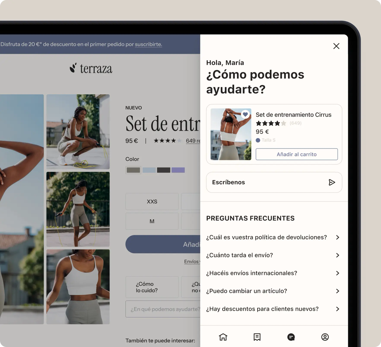Ventana de ayuda de una tienda online con un saludo personalizado por nombre, una ficha de producto, un campo para escribir a la marca y una lista de preguntas frecuentes.