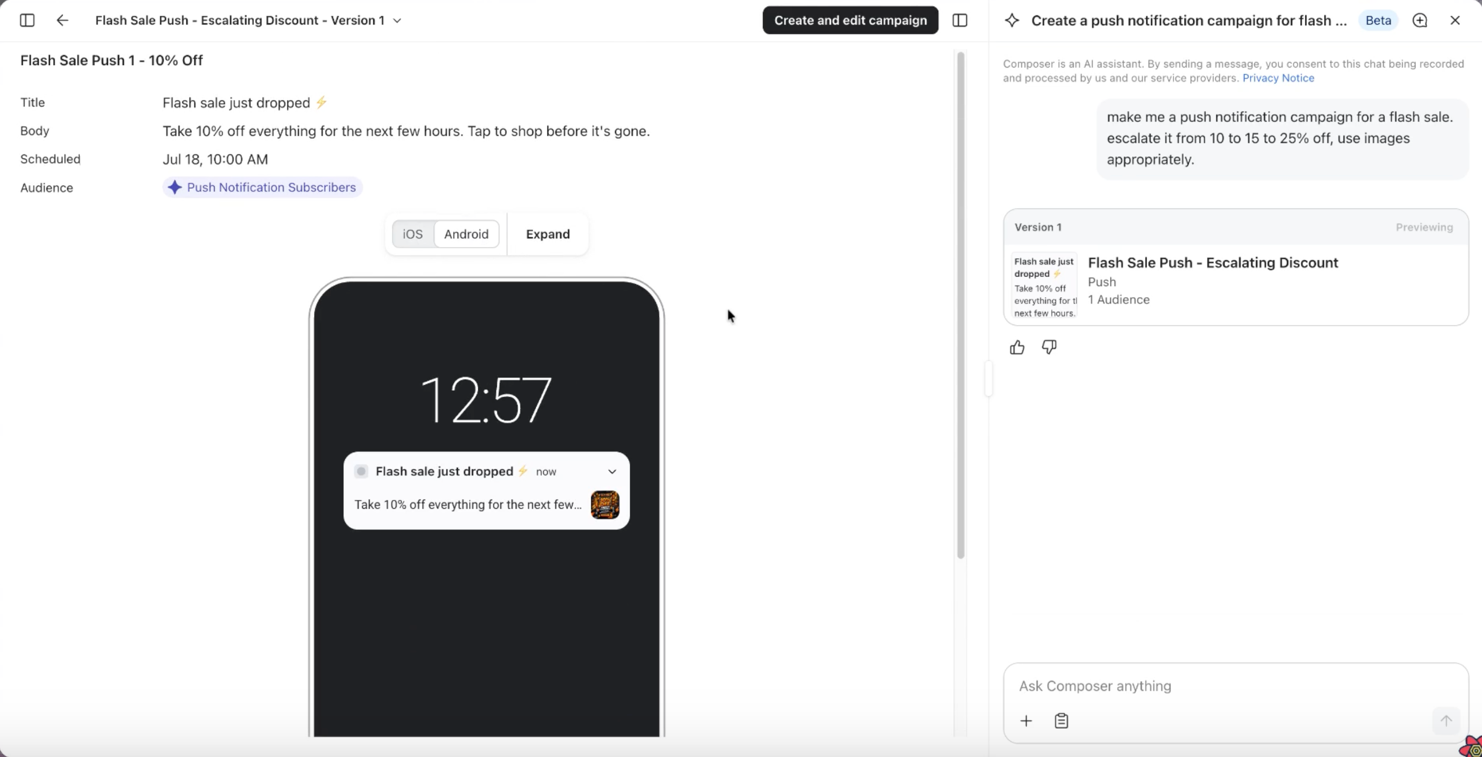 Campaign creation interface showing a "Flash Sale Push - 10% Off" notification with a smartphone preview and an AI assistant sidebar.