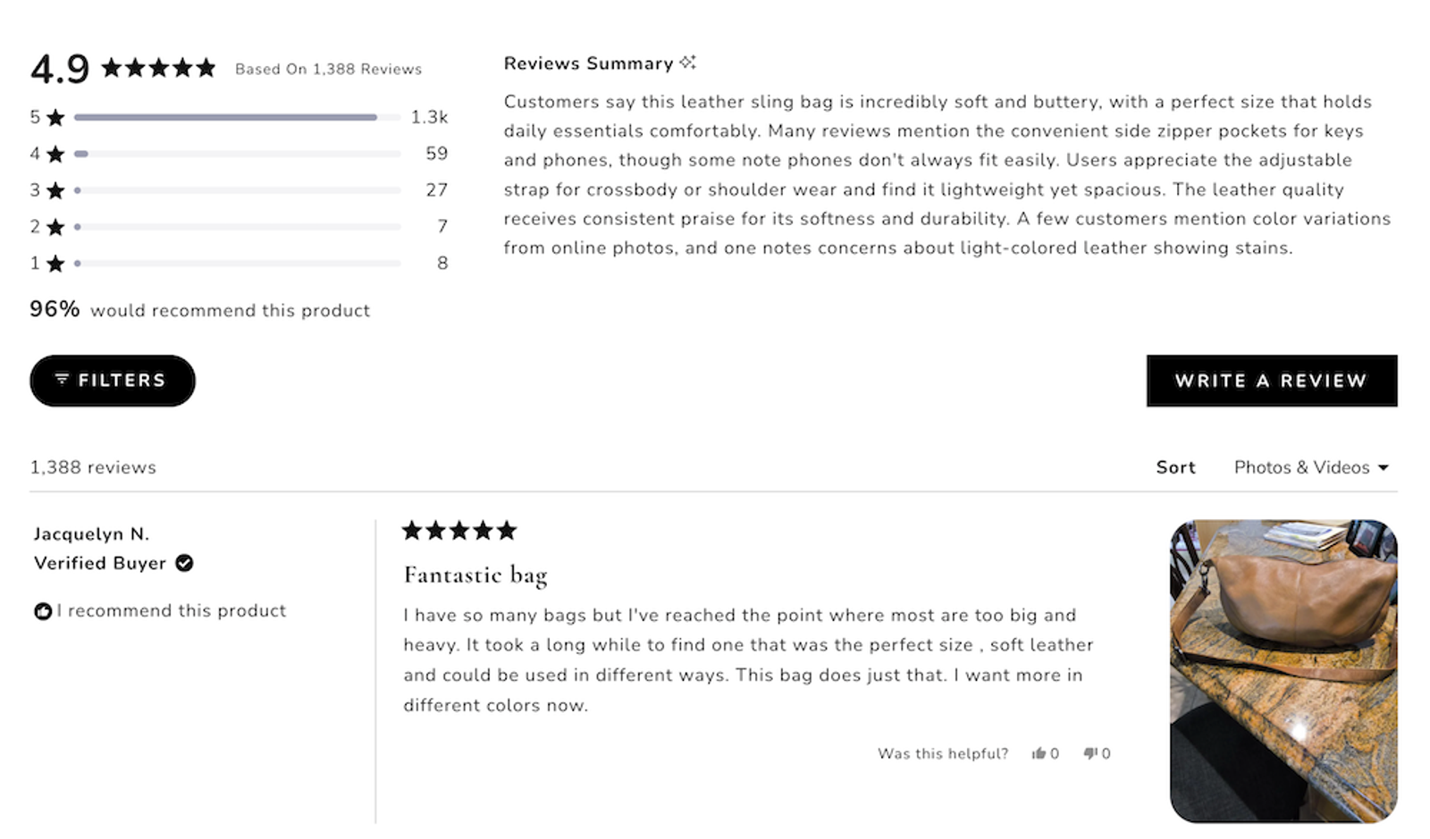 Product review page for a leather sling bag with a 4.9-star rating, a review summary, and a customer photo.