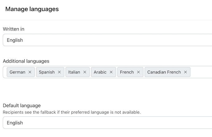 A "Manage languages" screen with "Written in" and "Default language" set to English. Additional languages selected are German, Spanish, Italian, Arabic, French, and Canadian French.