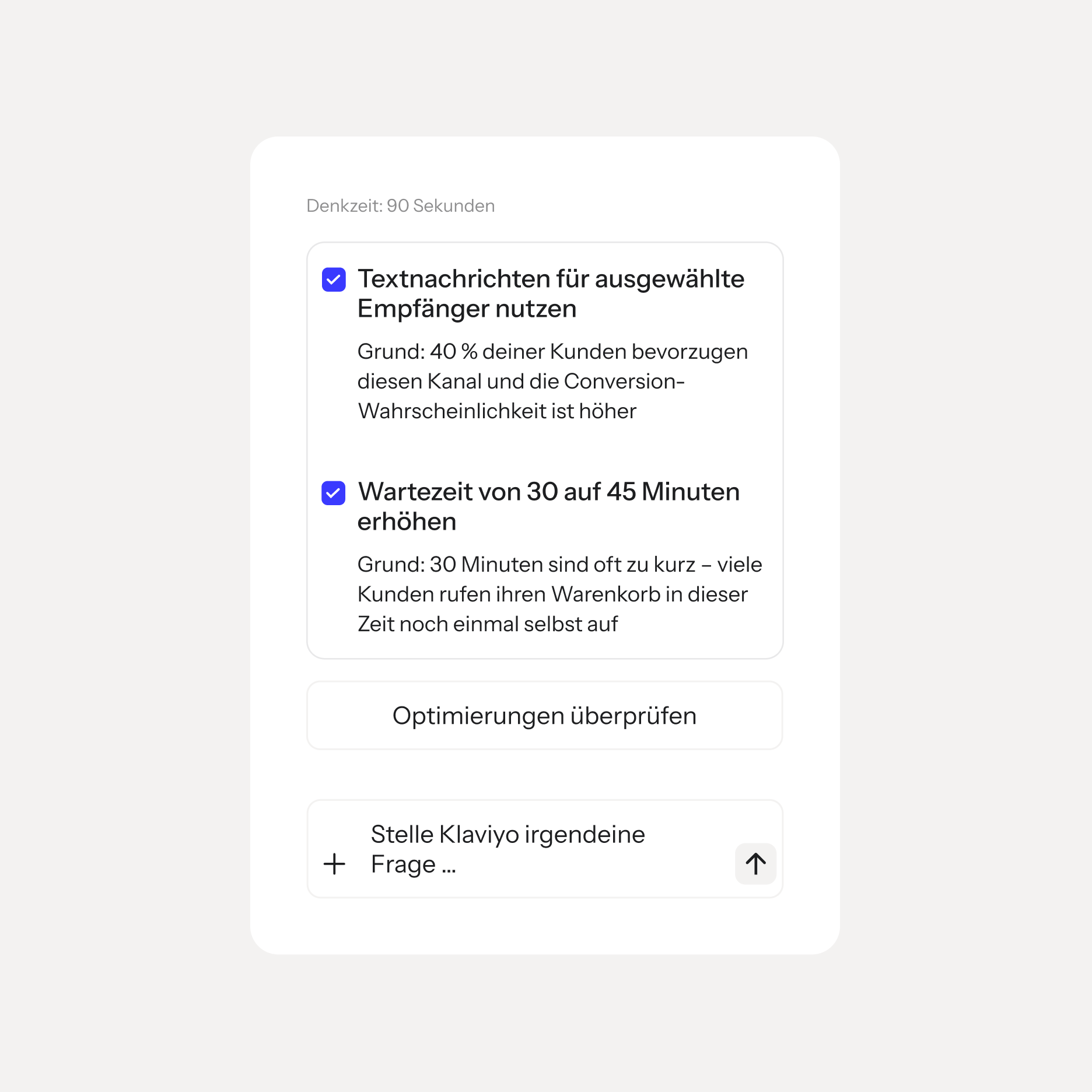 German UI card showing two checked optimization suggestions and a question input field.