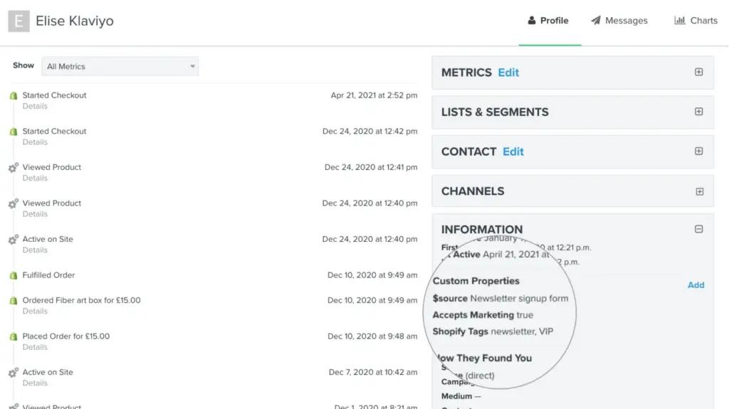 Image shows a user's profile in Klaviyo. 