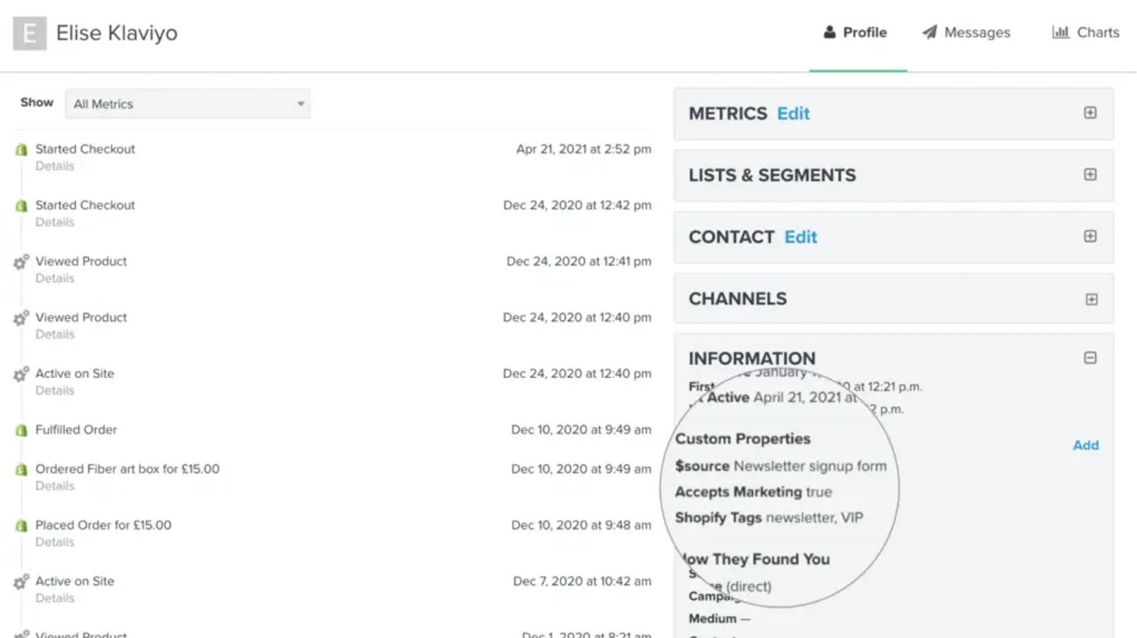 Image shows a user's profile in Klaviyo. 