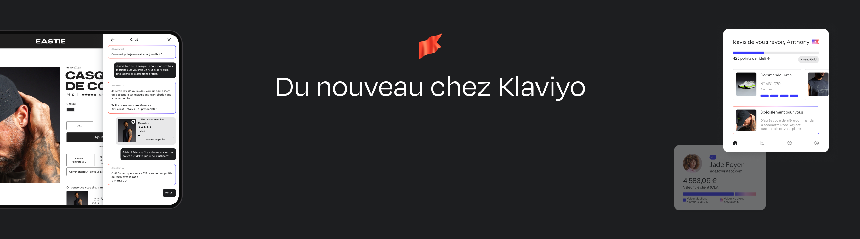 Text "Du nouveau chez Klaviyo" with a red flag icon, flanked by mobile app interfaces showing e-commerce product pages, chat, and customer reviews.