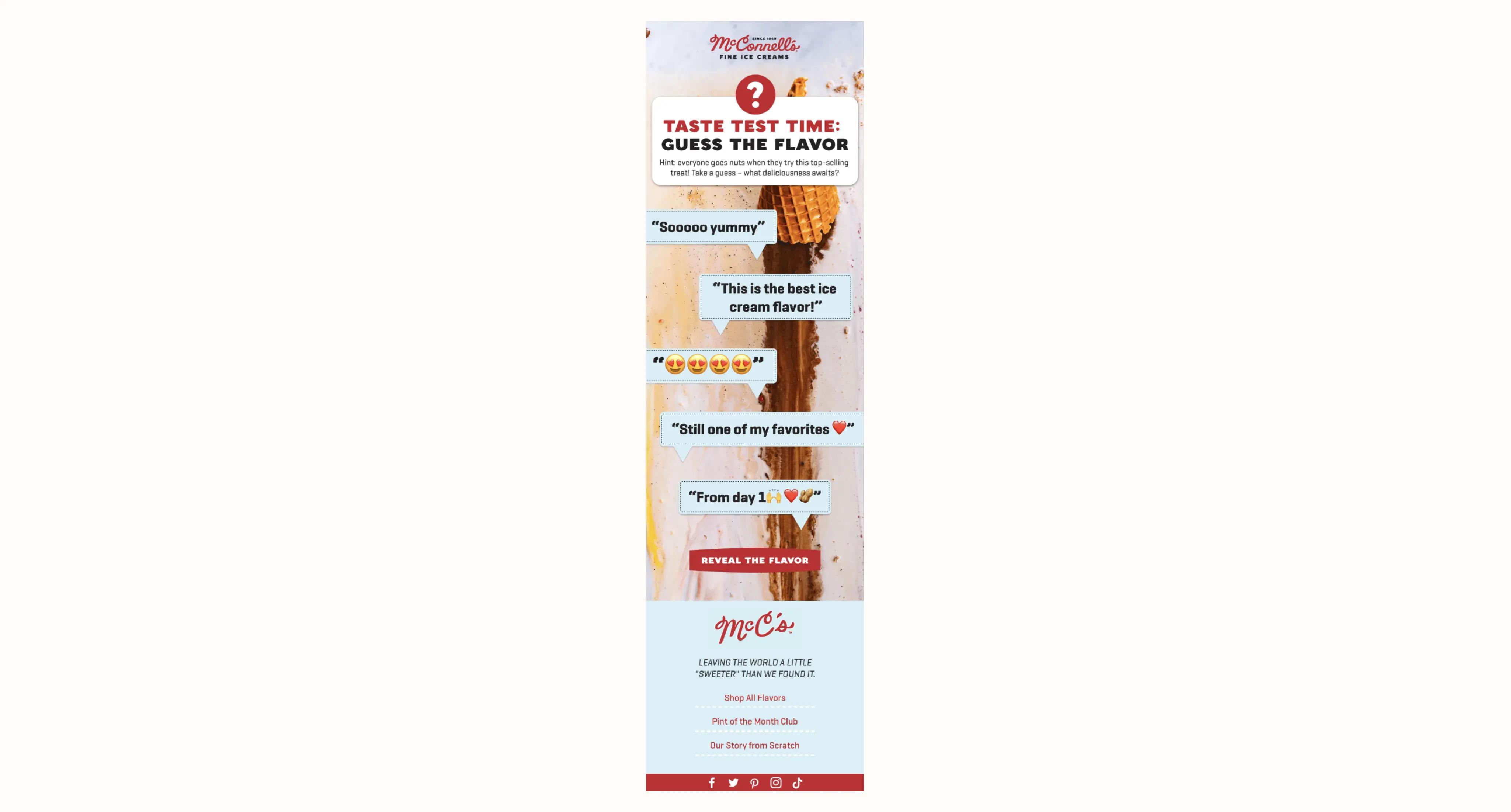 Image shows an email campaign from McConnell’s Fine Ice Creams headlined, “Taste test time: guess the flavor.” The email features quotes from reviews and a CTA that reads, “reveal the flavor.