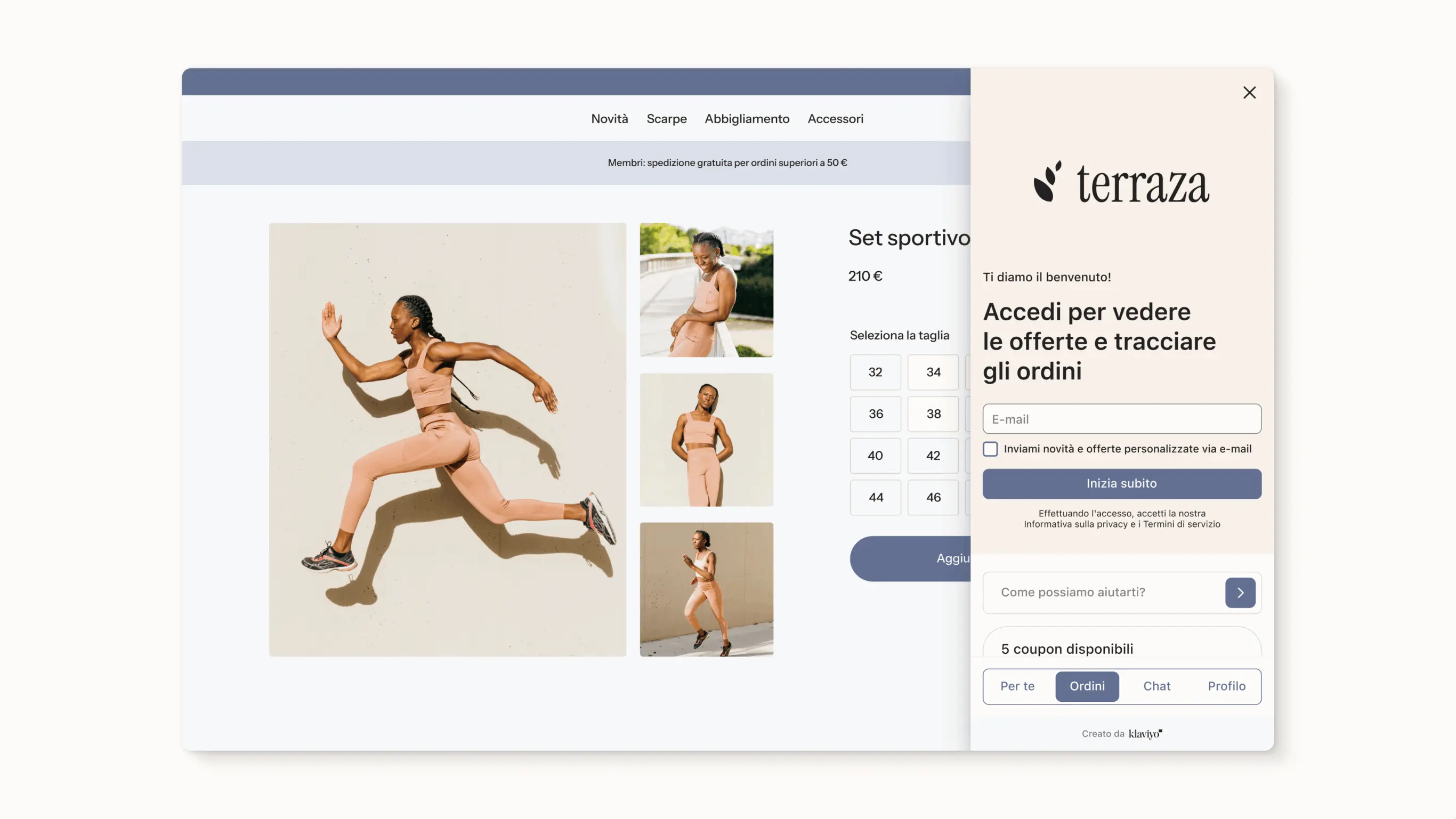 Pannello laterale a scomparsa del Customer Hub che mostra ordini in arrivo, coupon e prodotti consigliati su un'esperienza di un negozio Shopify.