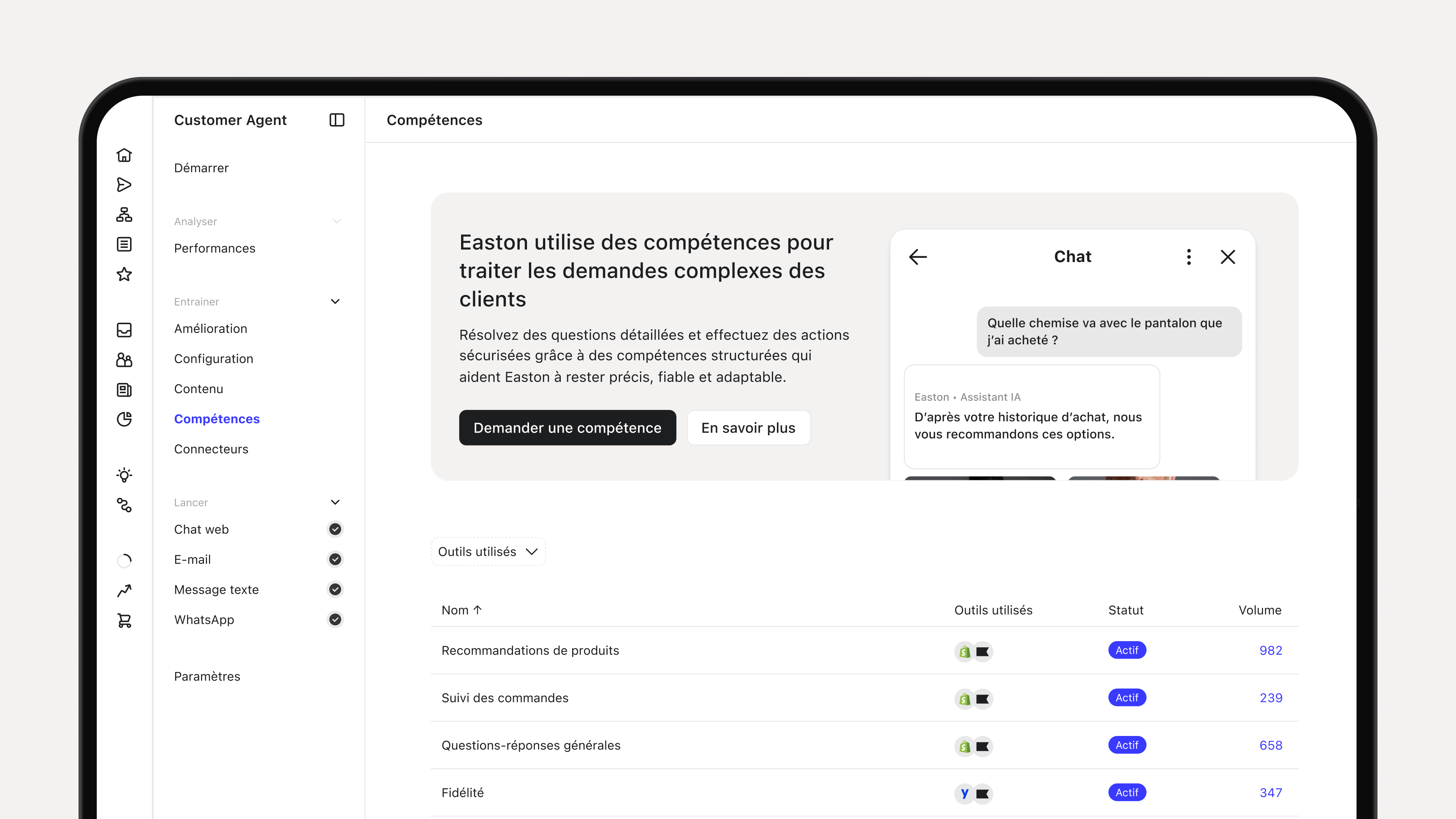 Customer Agent dashboard showing AI skills, a customer chat preview, and a table of live tools and usage volumes.