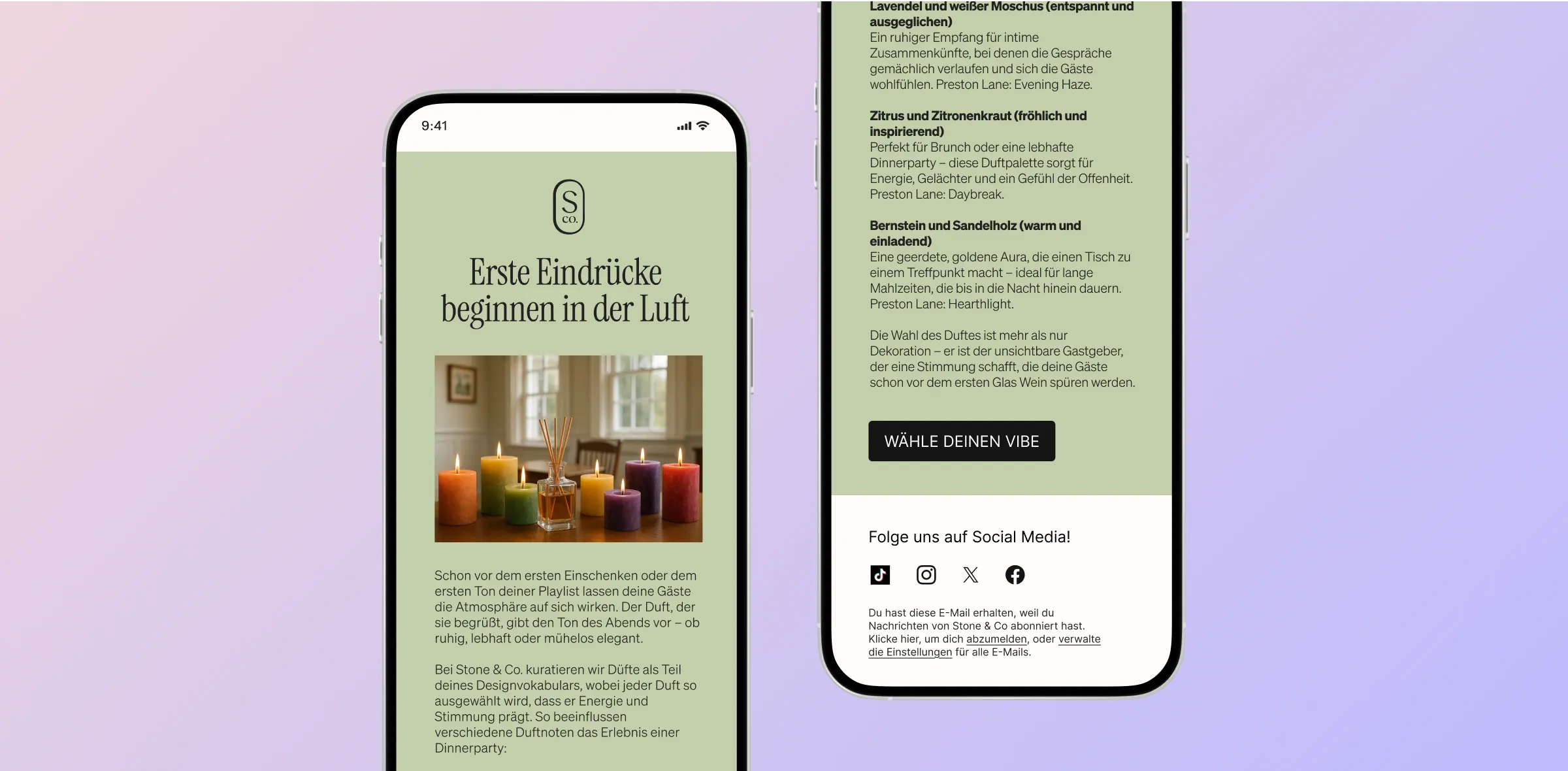 Zwei Smartphones zeigen eine Duftkerzen-Werbung von Stone & Co. mit dem Text "Erste Eindrücke beginnen in der Luft".