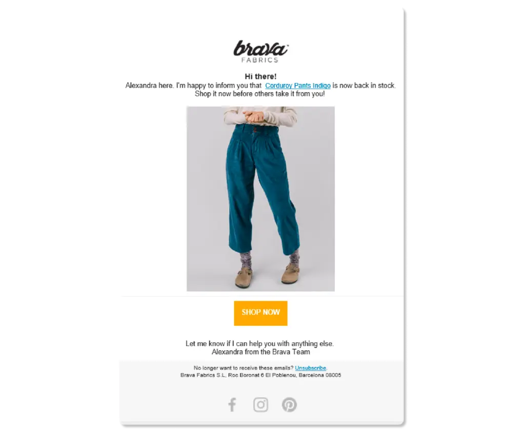 Correo electrónico de reposición de stock de Brava Fabrics