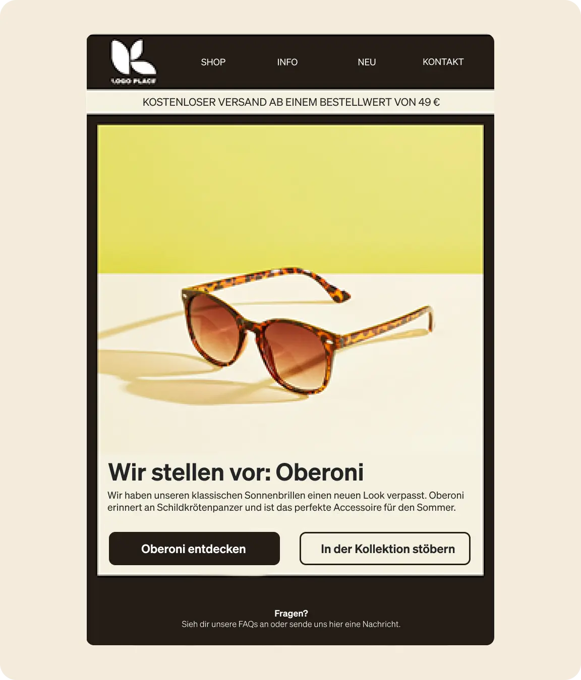 Sonnenbrille mit Schildkrötenmuster auf gelbem Hintergrund, beworben als "Oberoni". Buttons: "Oberoni entdecken", "In der Kollektion stöbern".
