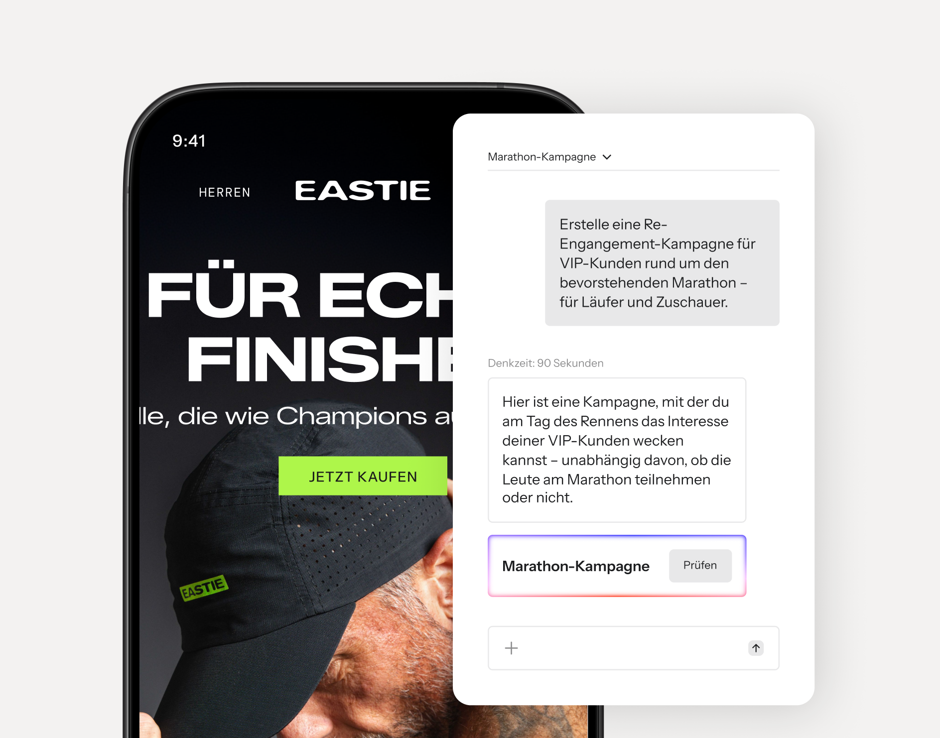 A smartphone displaying a fitness clothing website with an AI-powered pop-up suggesting a "Marathon campaign."