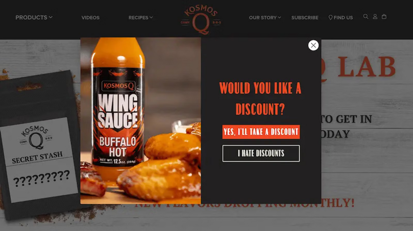 Image shows first page of a multi-step sign-up form from Kosmo’s Q, which asks users to agree to an offer before revealing what they need to provide in exchange. On the left is a product shot of a bottle of orange wing sauce sitting on a table among several orange saucy chicken wings.