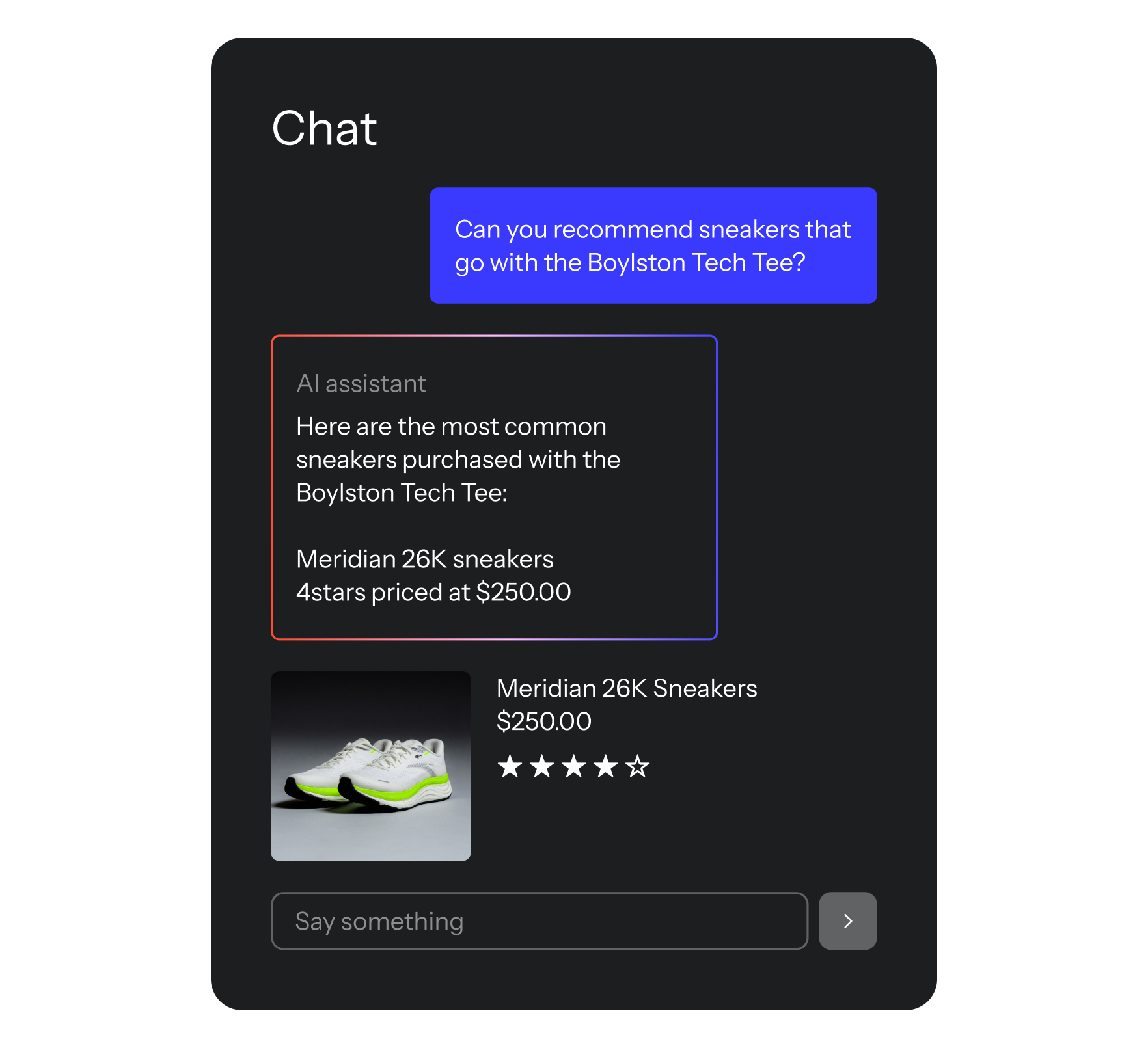 Chat interface showing a customer asking for sneaker recommendations to match a windbreaker, with an AI assistant suggesting Tailwind Sneakers, including price and rating.