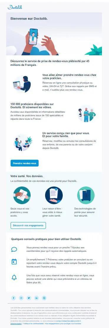 Capture d’écran de l’e-mail de bienvenue de Doctolib présentant les fonctionnalités du service, les engagements de confidentialité et des conseils pratiques pour bien démarrer.