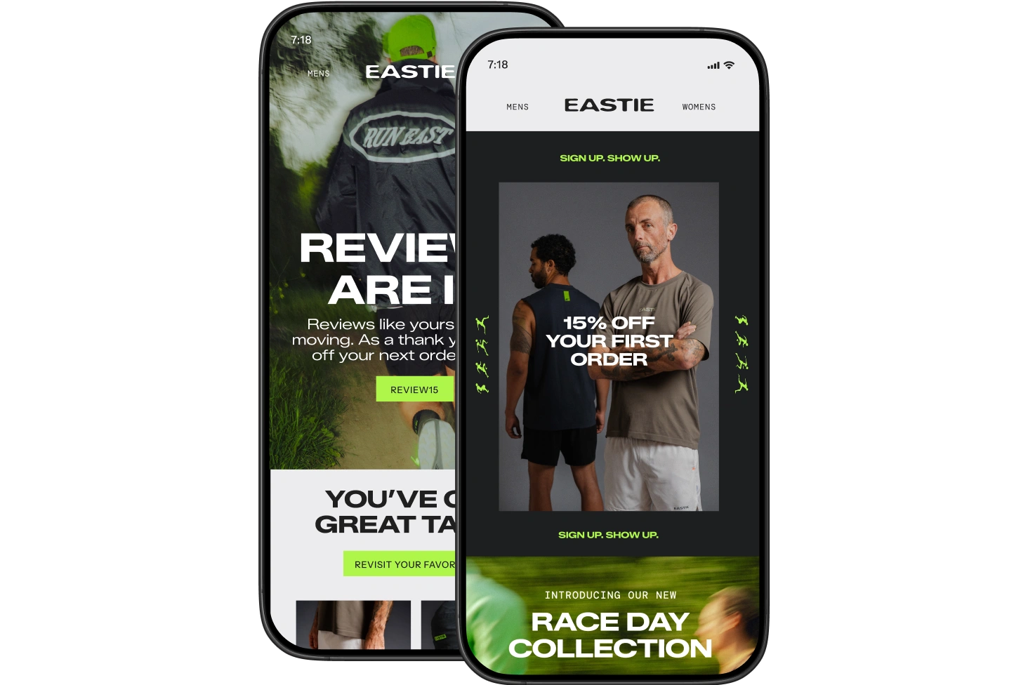 Two smartphones display Eastie sportswear promotions, including 15% off a first order and a race day collection.