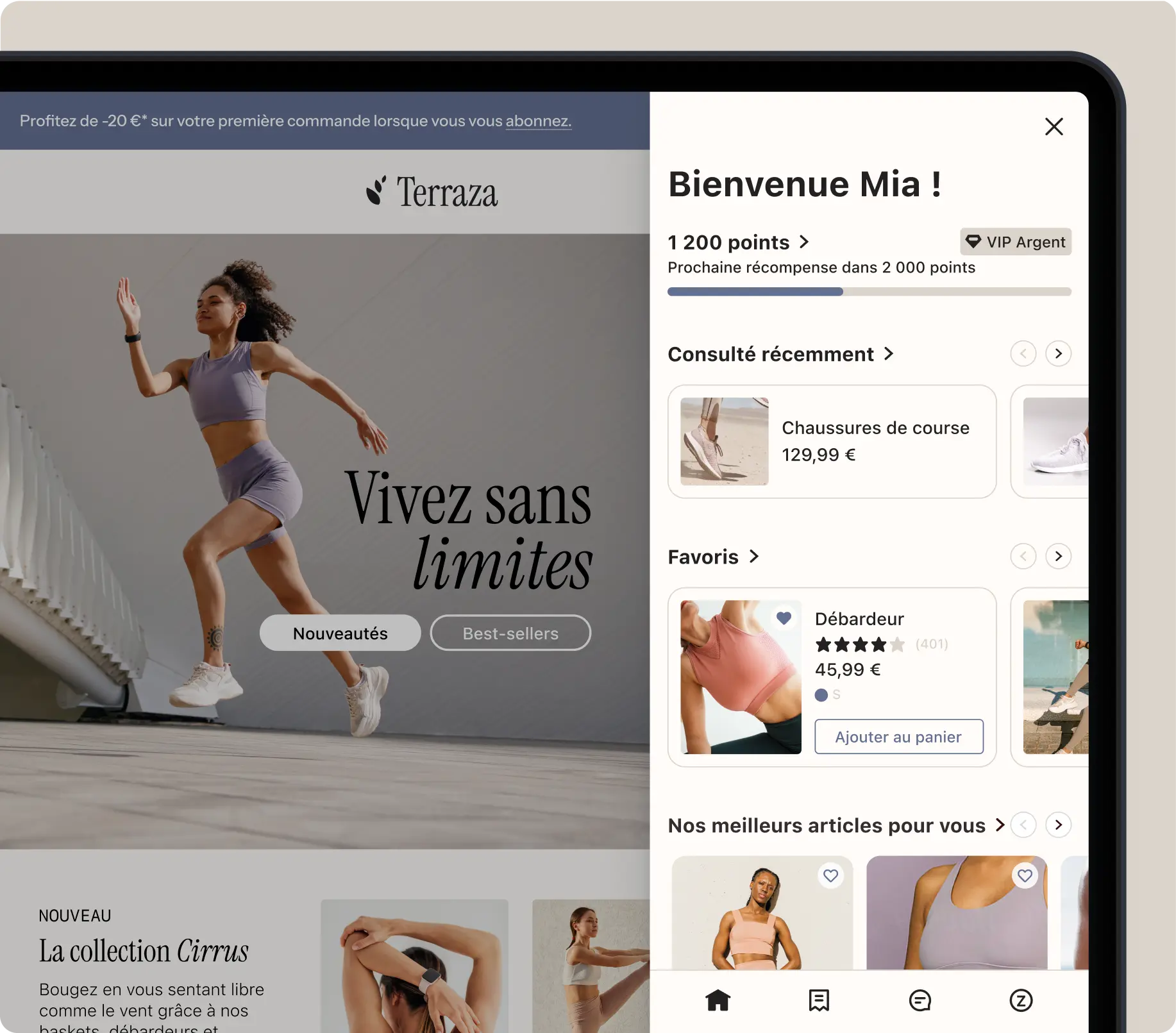 Femme en tenue de sport sautant, texte "Vivez sans limites". Interface d'achat avec points de fidélité et articles recommandés.