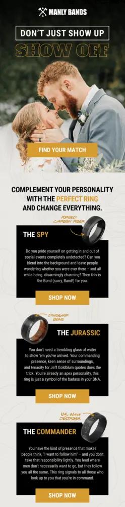 Image shows an email with a hero image of two people getting married. The taller person, who has a red beard and hair, is looking down lovingly at the shorter person, who is blonde and wearing a wedding veil. Following are three panels of text accompanied by headers like “The Commander” and “The Jurassic” and including an image of a black wedding ring for each panel.