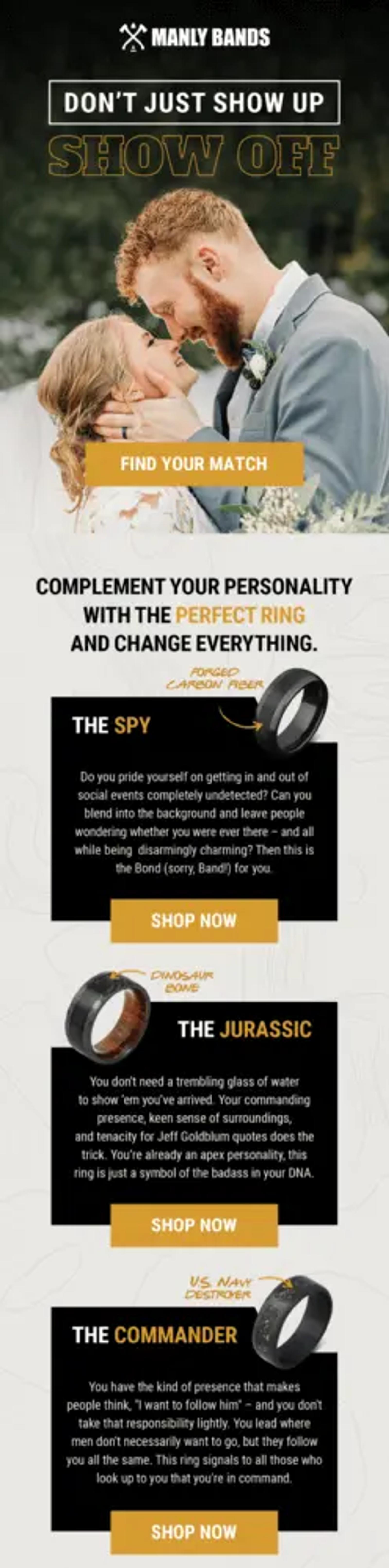 Image shows an email with a hero image of two people getting married. The taller person, who has a red beard and hair, is looking down lovingly at the shorter person, who is blonde and wearing a wedding veil. Following are three panels of text accompanied by headers like “The Commander” and “The Jurassic” and including an image of a black wedding ring for each panel.