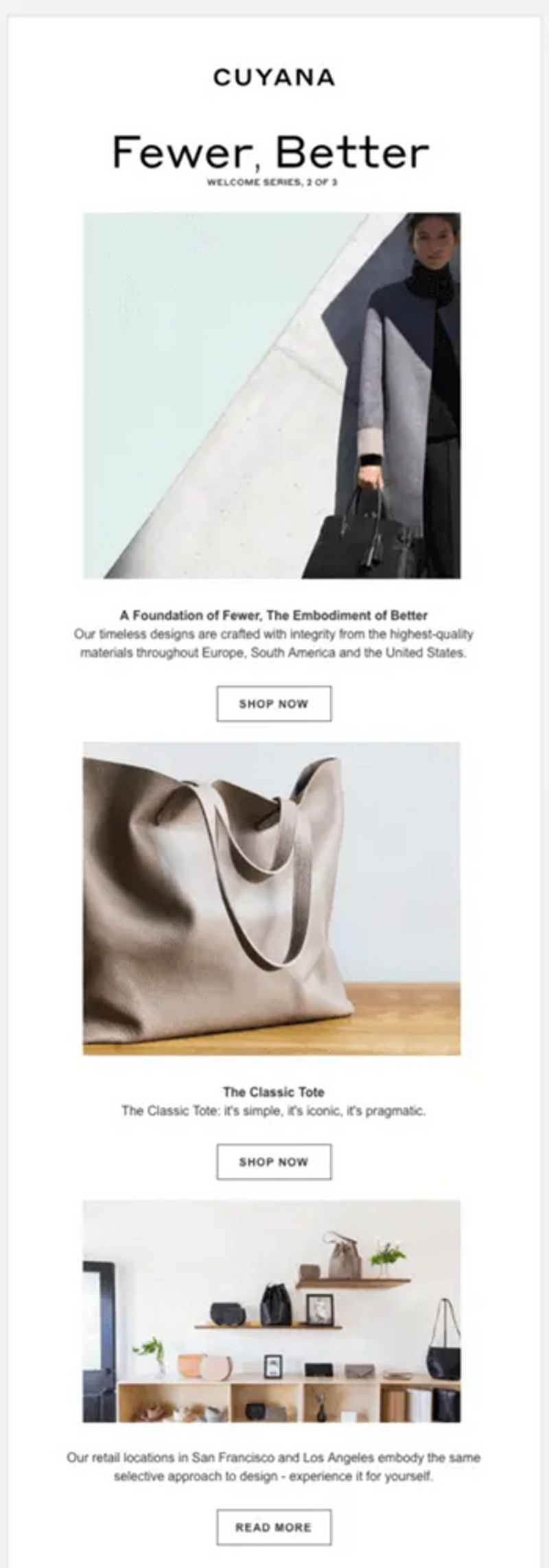 Image shows a minimalist email design with a hero image of a person standing in a shadowed corner, wearing a grey coat. Several photo panels follow, including a taupe leather purse and several wall shelves filled with handbags, accessories, and decor of various colors.