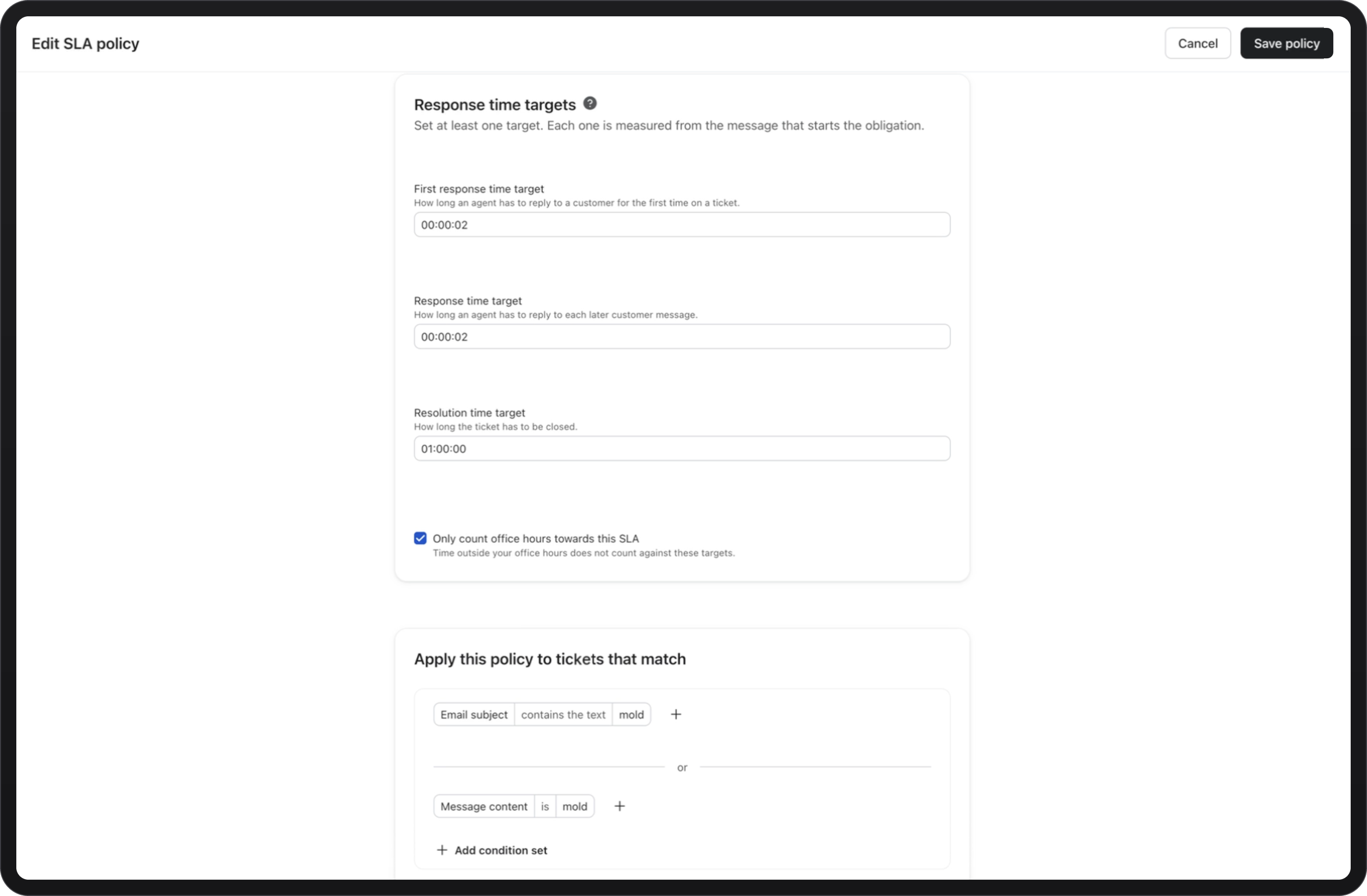 Screenshot of an "Edit SLA policy" page with response time targets and conditions for applying the policy.