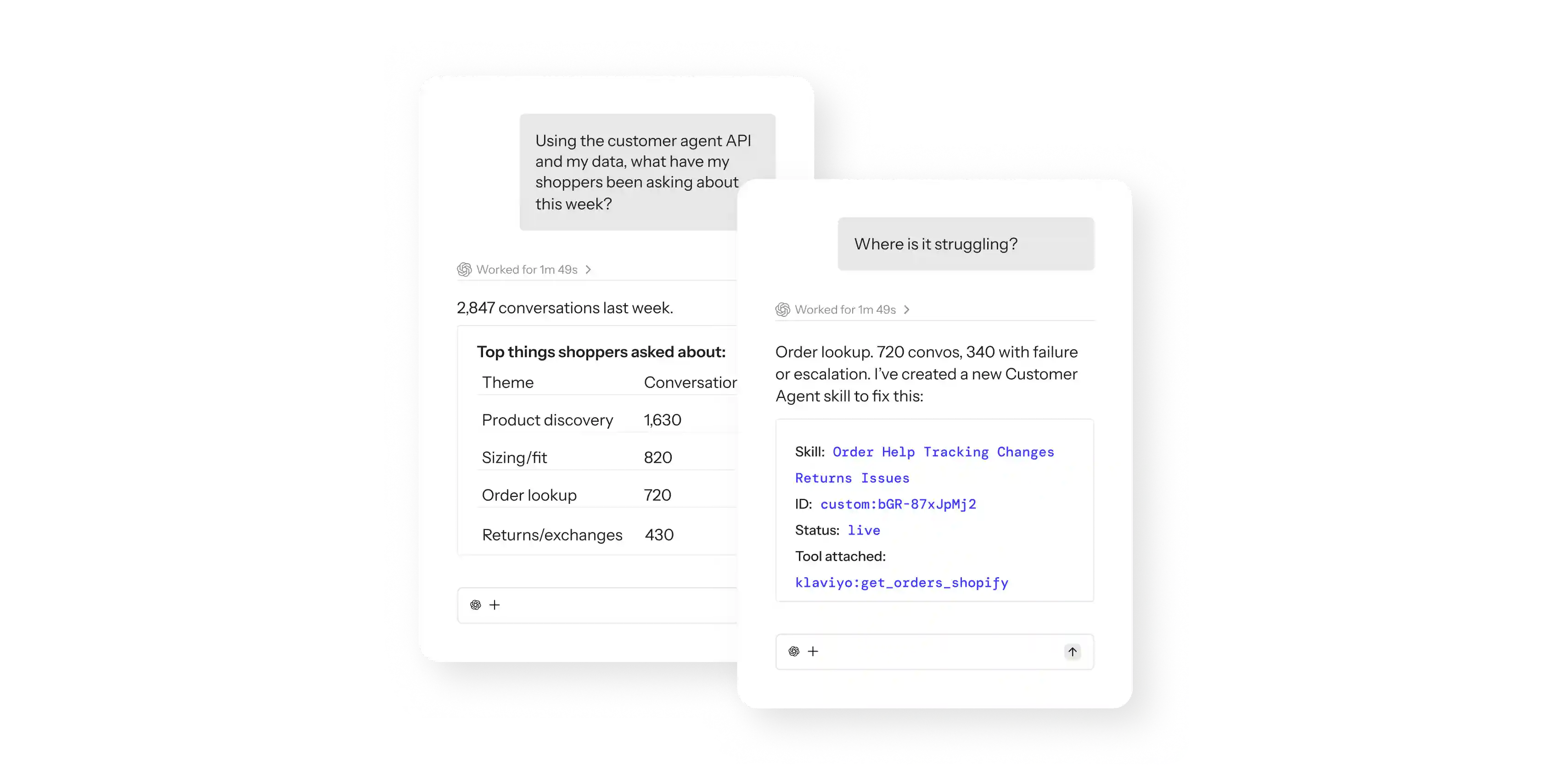 Overlapping AI chat panels summarize shopper questions and identify order lookup issues.
