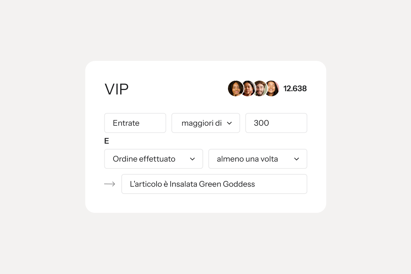 Segmento di clienti VIP filtrato per un fatturato superiore a 300 e almeno un ordine di Green Goddess Salad.